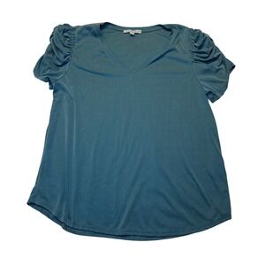 Green Envelope Los Angeles Teal Ribbed Ruched Puff Sleeve V-Neck Top XL